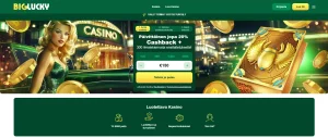 BigLucky Casinon peliaula, jossa tietoa tervetulobonuksesta, cashback edusta ja mahdollisuus talletukseen