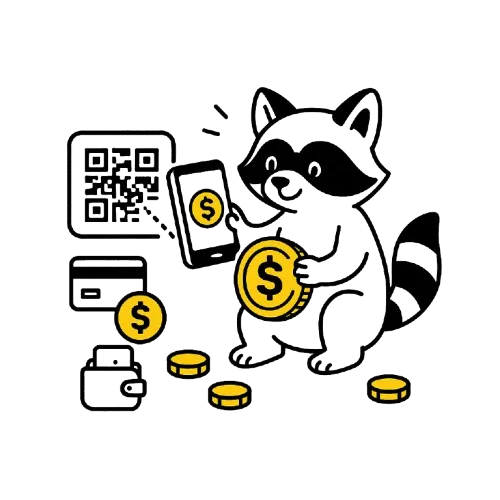 Pesukarhu tekee maksua puhelimella qr koodilla. Lis&auml;ksi kuvassa symboleita kuten lompakko, pankkokortti, dollarinkolikko ja kolikoita.