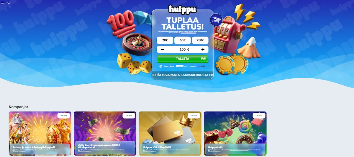 Huippu Casinon peliaulan n&auml;kym&auml;, jossa esill&auml; kolikkopelit ja talletuspainike