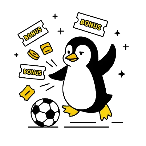 Pingviini juhlii, kun on saanut ilmaisvedon kasinolle. Ilmassa lent&auml;&auml; vedonly&ouml;ntikuponkeja ja maassa on jalkapallo.