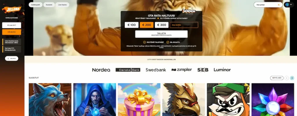 Jellona Casinon etusivun peliaula ja kolikkopelit