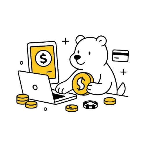 Karhu istuu tietokoneella, k&auml;dess&auml; on kolikko. Tilanne kuvastaa eri mahdollisuuksia mit&auml; voi k&auml;ytt&auml;&auml; maksutapoina nettikasinolla pelatessa.