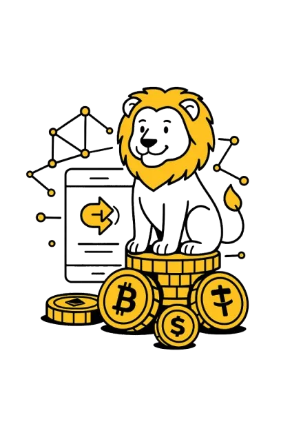 Leijona istuu kolikkopinon p&auml;&auml;ll&auml;. Takan on puhelin, jossa kryptosymboli. Edess&auml; olevissa kolikoissa eri kryptovaluuttojen symboleita kuten bitcoin