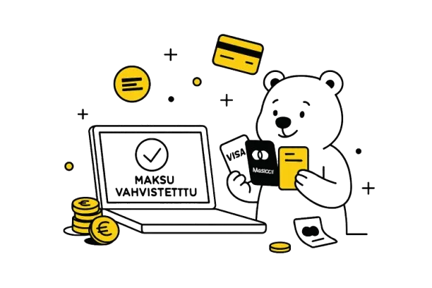 Karhulla k&auml;dess&auml; pankkikortteja, joissa maksutapojen logoja. Edess&auml; on tietokone, jonka ymp&auml;rill&auml; pankkokortti, kolikkopino ja plussasymboleita