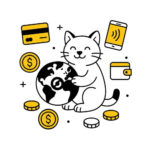 Iloinen kissa halaa maapalloa, ja ymp&auml;rilt&auml; l&ouml;ytyy eri maksutapojen symboleita kuten pankkikortti, puhelimella oleva l&auml;himaksu, lompakko, kolikoita, dollarisymboli.