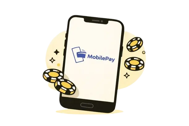 Puhelin, jonka ruudulla Mobilepay logo ja takana ja edess&auml; leijuu pelimerkkej&auml;