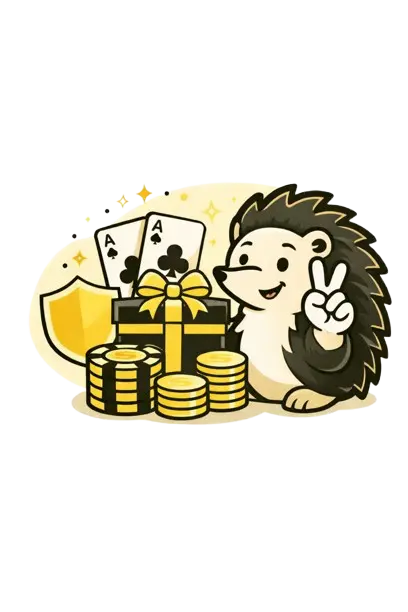 Siili, jolla kaksi sormea pystyss&auml;. Sen edess&auml; on lahjapaketti, jonka takana on kaksi pelikortti sek&auml; keltainen suojakilpi sek&auml; edess&auml; pelimerkkinippu ja kolikkoniput