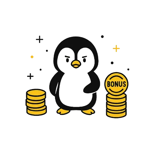 Pingviini seisoo kahden kolikkopinon v&auml;liss&auml;, ja toisen pinon p&auml;&auml;ll&auml; on bonuskolikko, joka kuvaa non sticky bonusta