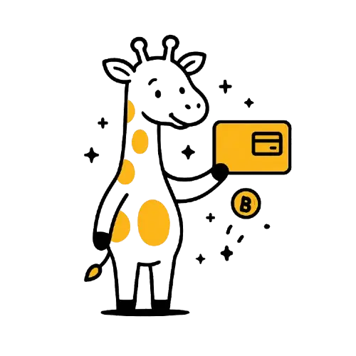 Kirahvi pit&auml;&auml; k&auml;dess&auml; pankkikortti, ja sen alla on b-kolikko