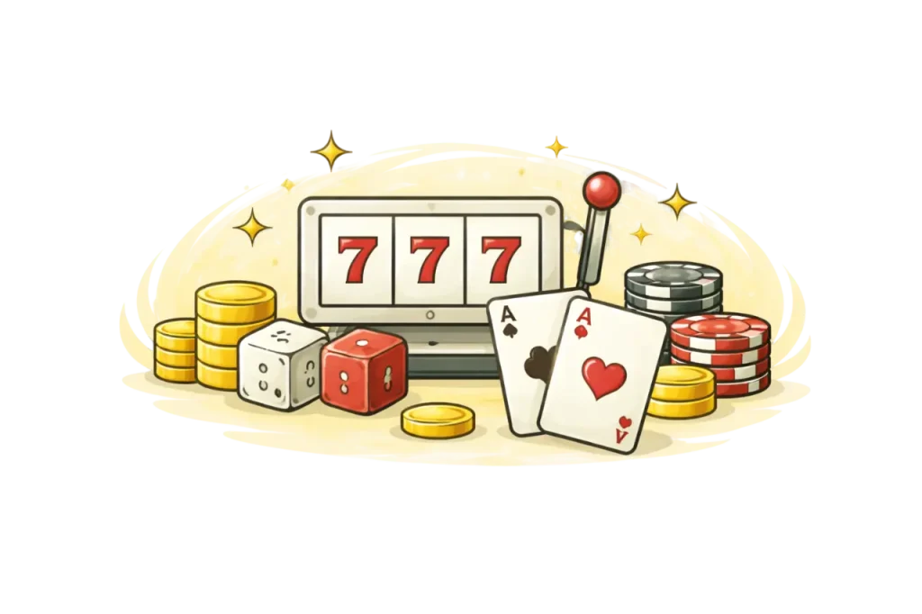 Kolikkopeli 777, pelikortit ja pelimerkit kasinokuvituksessa