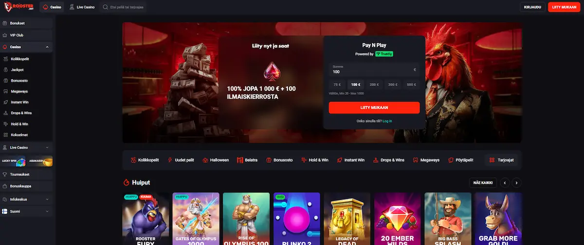RoosterBet Casinon peliaulan n&auml;kym&auml; etusivulla