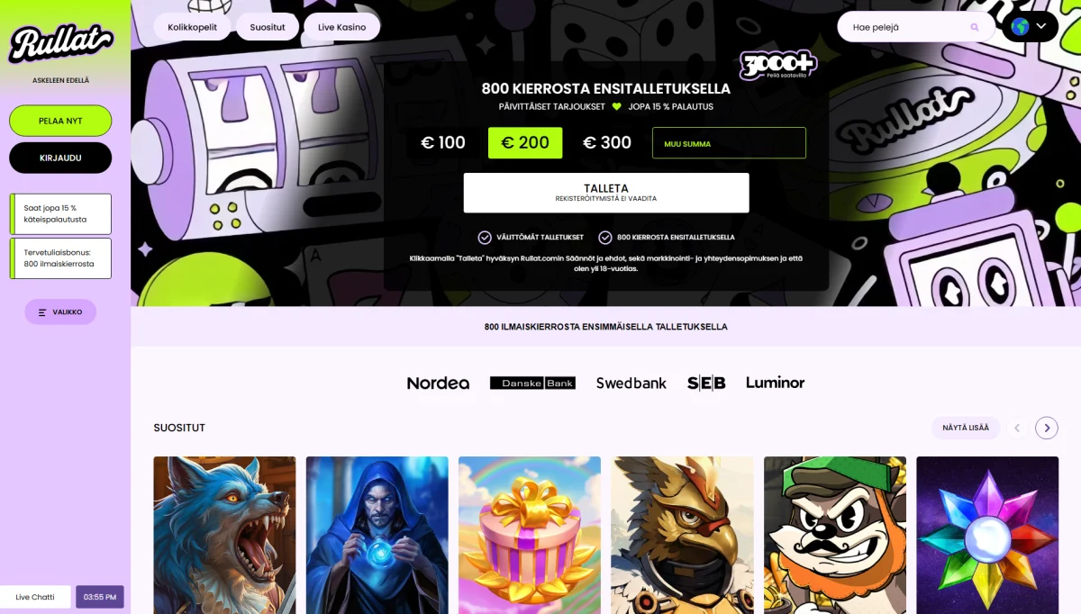 Rullat Casinon peliaula, jossa n&auml;kyy mahdollisuus talletukseen, parhaat kasinopelit ja tietoa tervetulobonuksesta