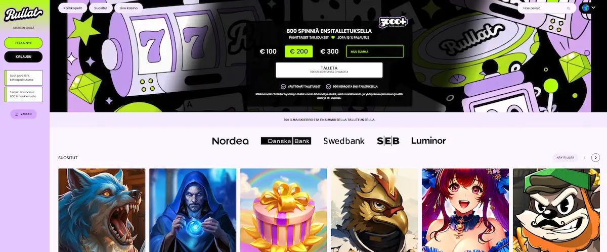 Rullat Kasinon peliaula nettikasinolla, jossa n&auml;kyy kolikkopelivalikoima
