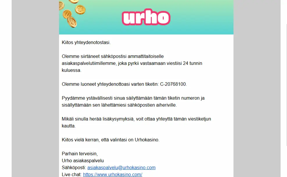 Urho Kasino asiakaspalvelu