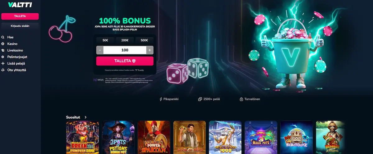 Valtti Casinon peliaula, josta löytyy suositut kolikkopelit